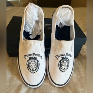 Men’s Sperry Top-Sider X Brooks Brothers white canvas slip-ons, size 9.5